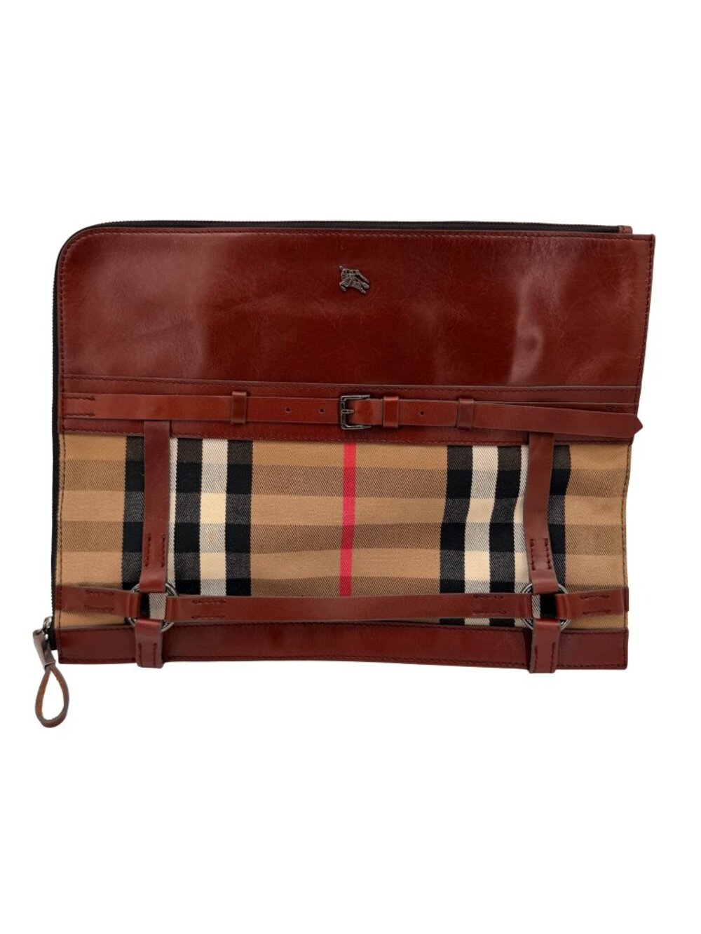 Burberry Haymarket Check Brown Leather Zip Portfolio Sleeve Document Case 15x11
